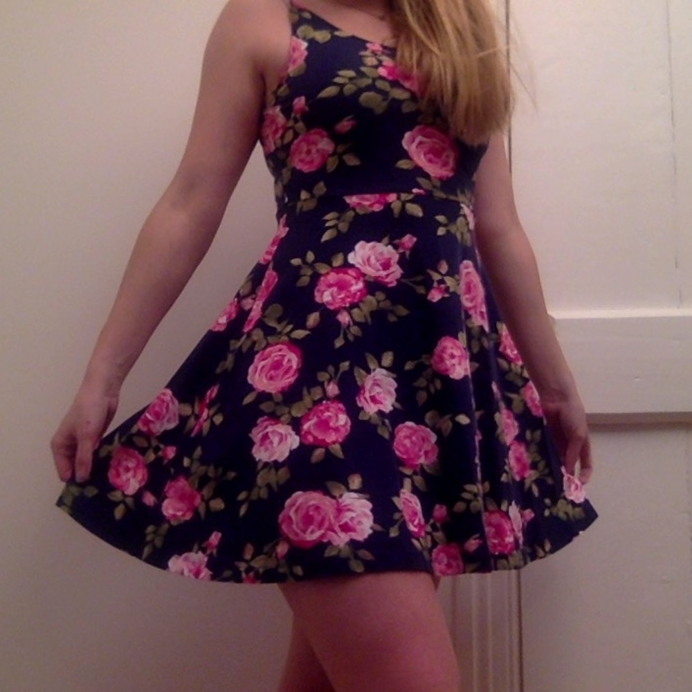 Navy and pink floral skater dress